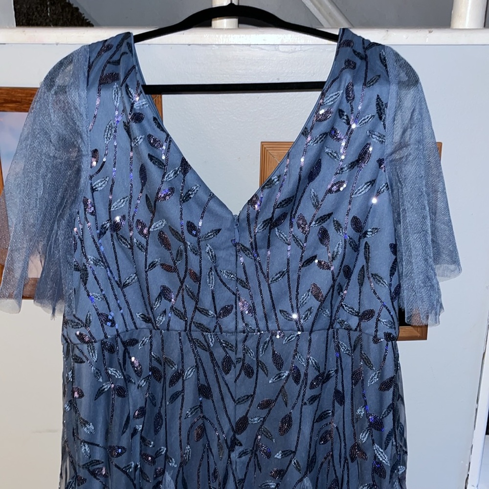 Shimmery V Neck Maxi Evening Dress by Ever Pretty - size 18. Dusty Blue color. - Picture 7 of 11